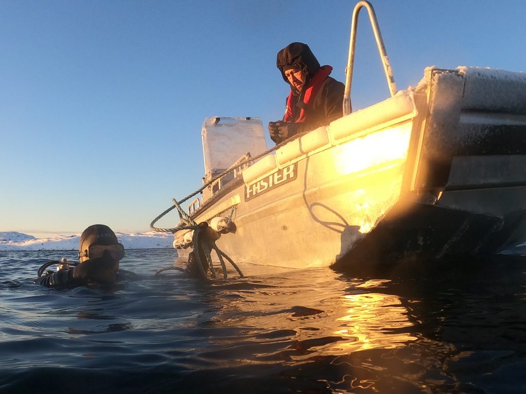 Expedition diver alongside a dive tender during cold-water operations near M/S Tulu in Greenland
