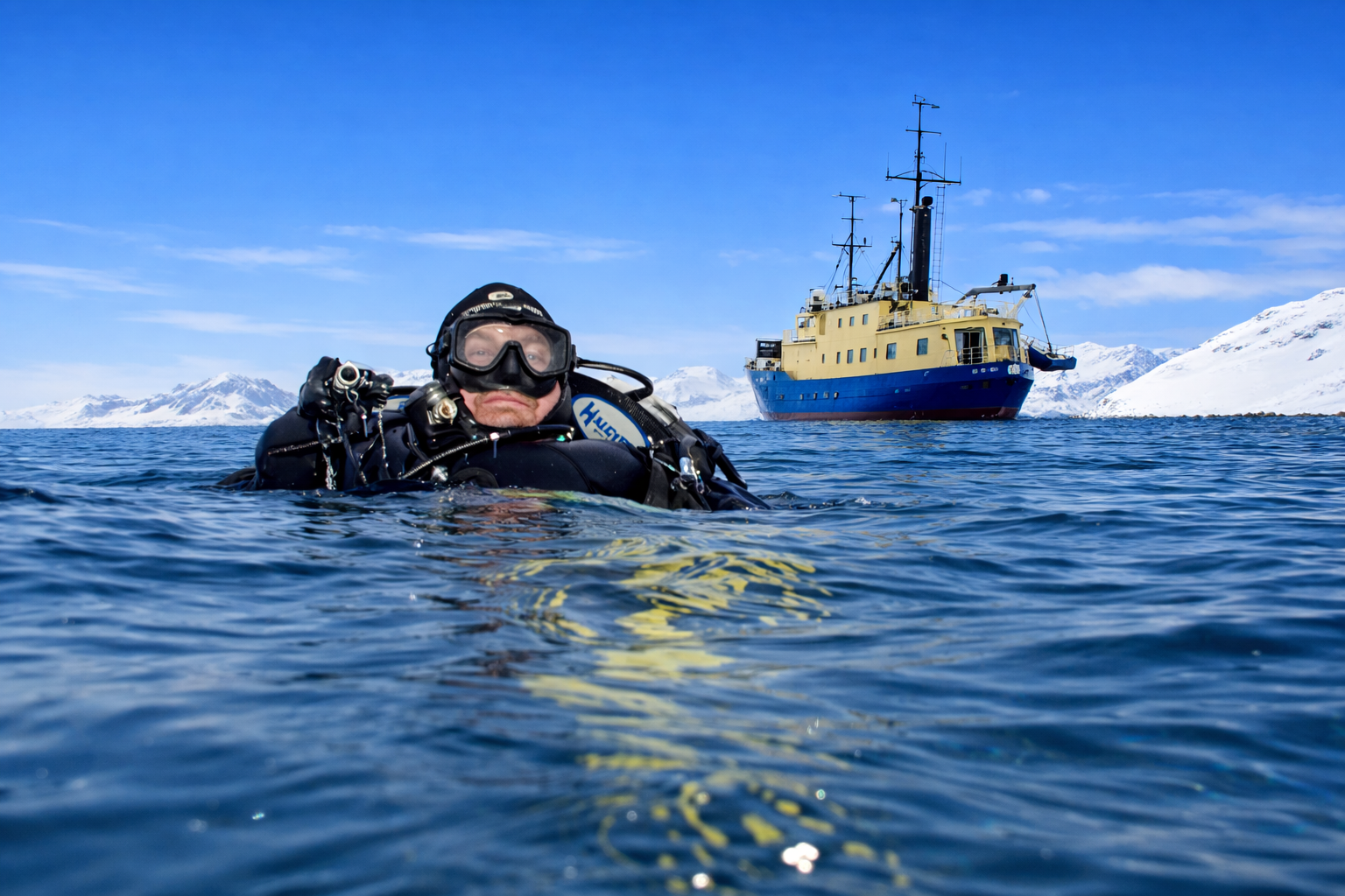 Polar dive guide, Kaare Hansen swimming back to the MS Tulu in Kangerlua Fjord after searching for a potential dive site