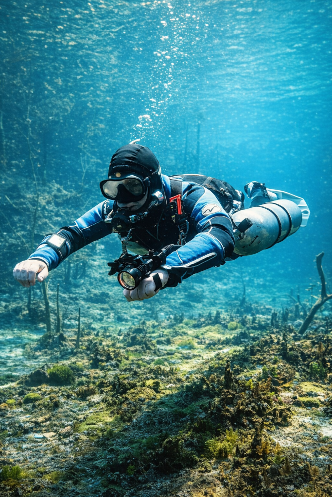 Diver in sidemount configuration refining buoyancy control and trim in a cenote in Tulum, Mexico during Polar Prep® Series training.