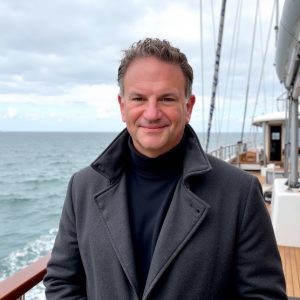 Tom Popper standing on the deck of a sail boat with open ocean in the background
