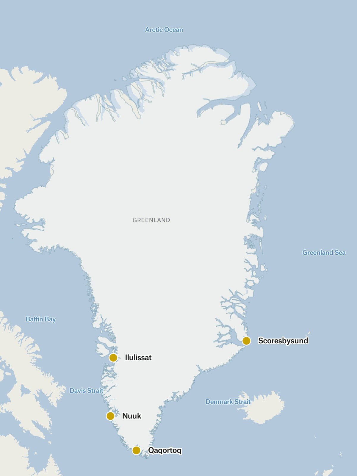 Map of Greenland showing the two west coast expedition routes, Nuuk to Ilulissat in the north and Nuuk to Qaqortoq in the south