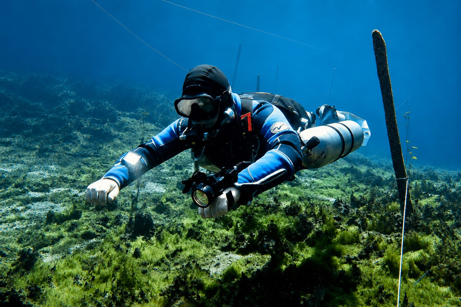 A technical diver in trim over a green seagrass bed in the clear blue water of a Tulum cenote, Mexico