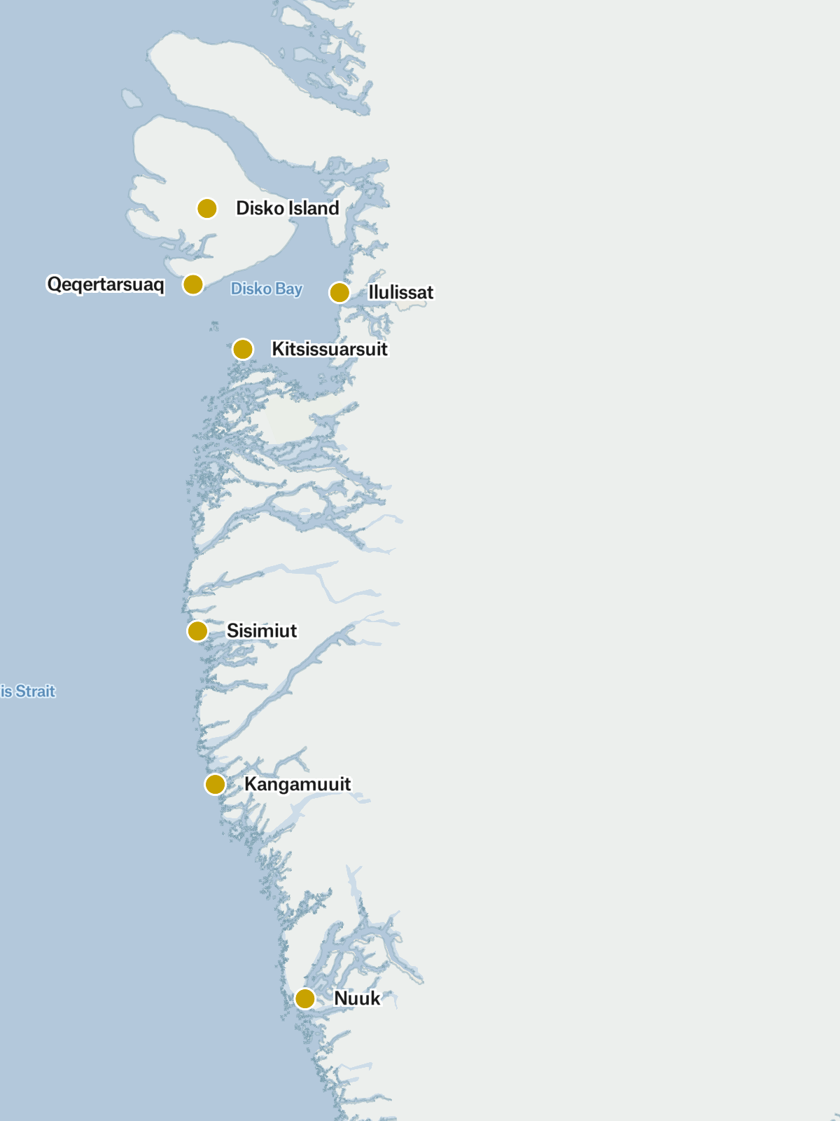 Map of the Northern Route along Greenland’s west coast, running between Nuuk and Ilulissat