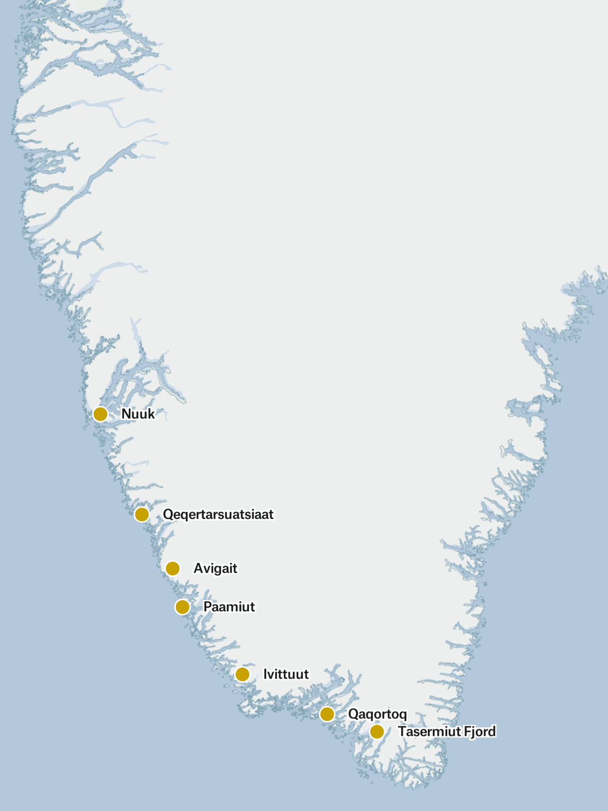Map of the Southern Route along Greenland’s west coast, running between Nuuk and Qaqortoq