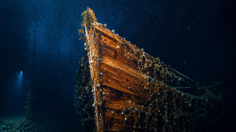 An old Portuguese wooden shipwreck on the seabed in Greenland